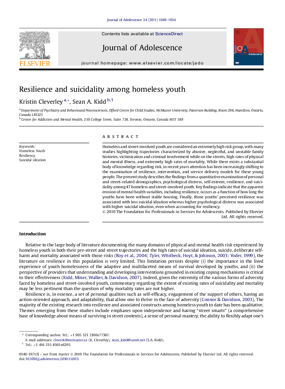 Resilience and suicidality among homeless youth