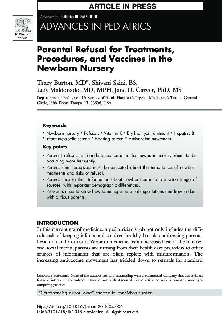 Parental Refusal for Treatments, Procedures, and Vaccines in the Newborn Nursery