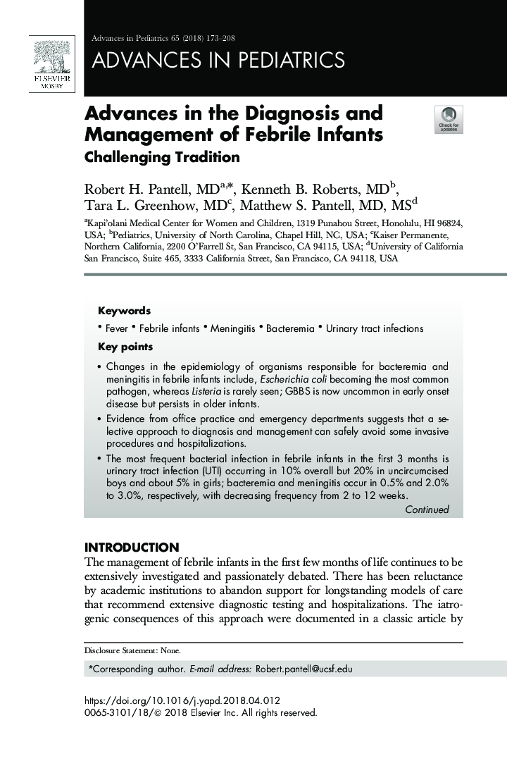 Advances in the Diagnosis and Management of Febrile Infants