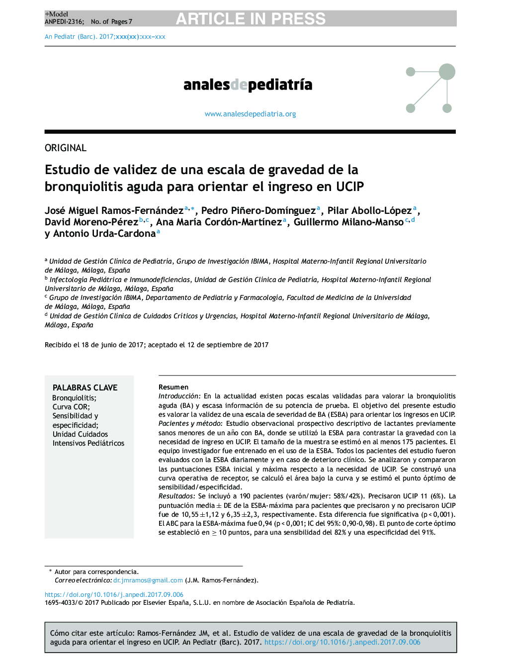 Estudio de validez de una escala de gravedad de la bronquiolitis aguda para orientar el ingreso en UCIP