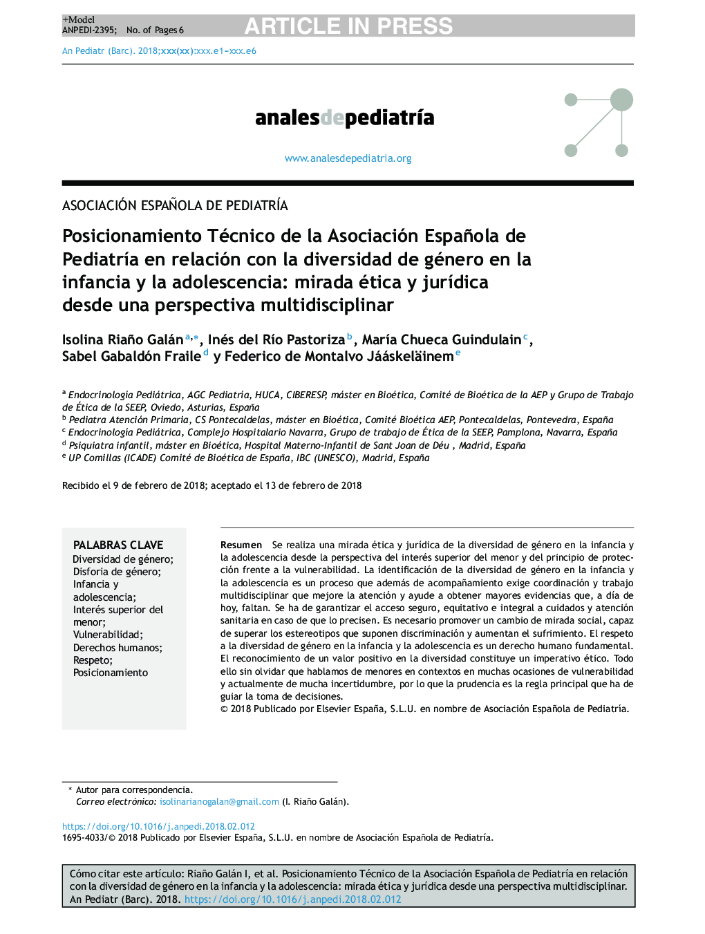 Posicionamiento Técnico de la Asociación Española de PediatrÃ­a en relación con la diversidad de género en la infancia y la adolescencia: mirada ética y jurÃ­dica desde una perspectiva multidisciplinar