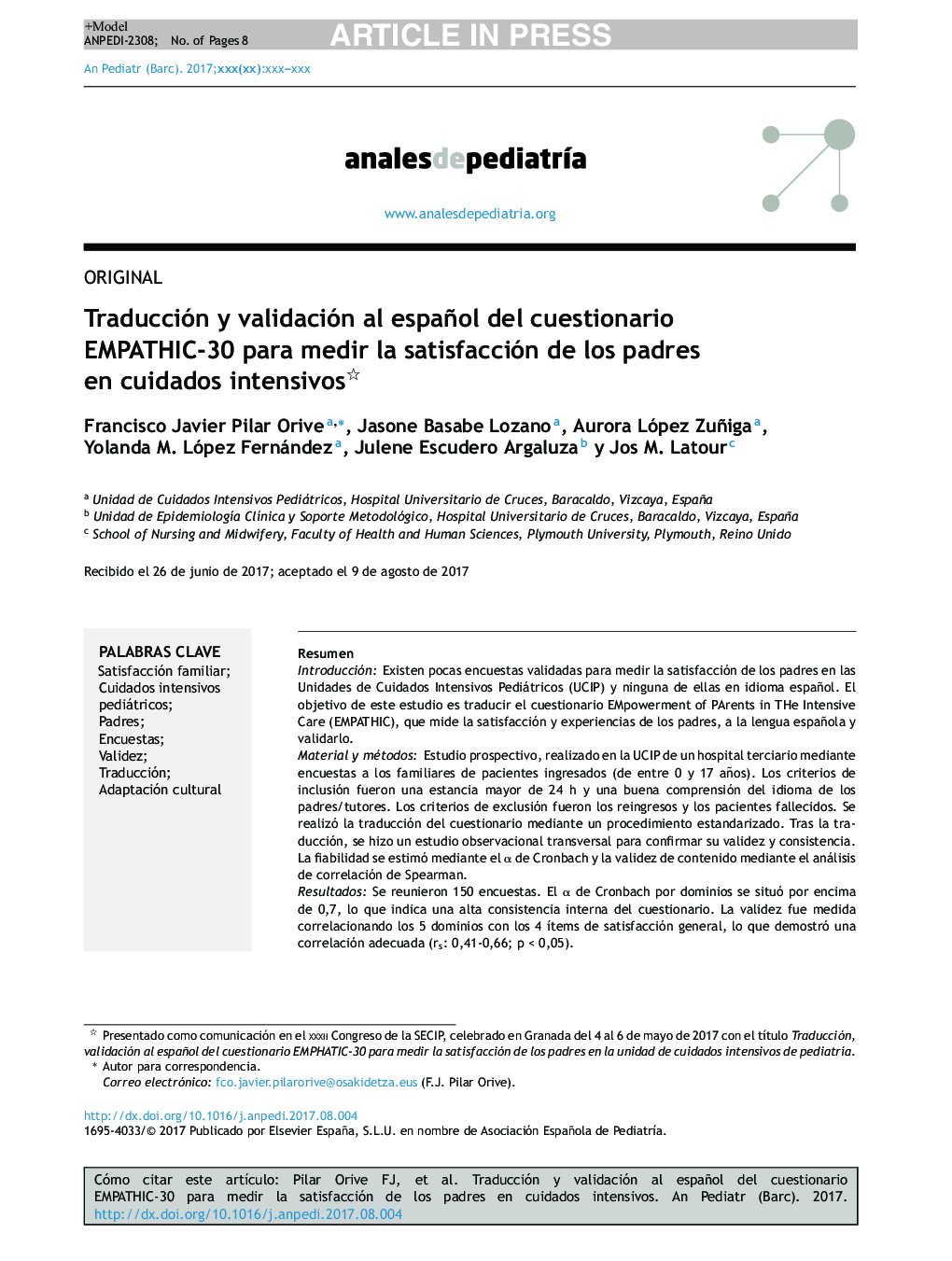 Traducción y validación al español del cuestionario EMPATHIC-30 para medir la satisfacción de los padres en cuidados intensivos