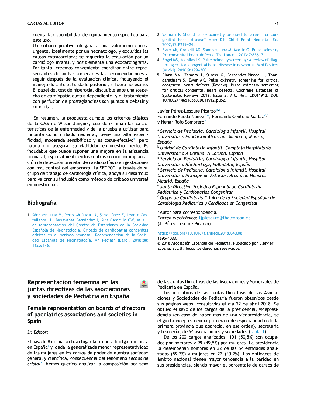 Representación femenina en las juntas directivas de las asociaciones y sociedades de PediatrÃ­a en España