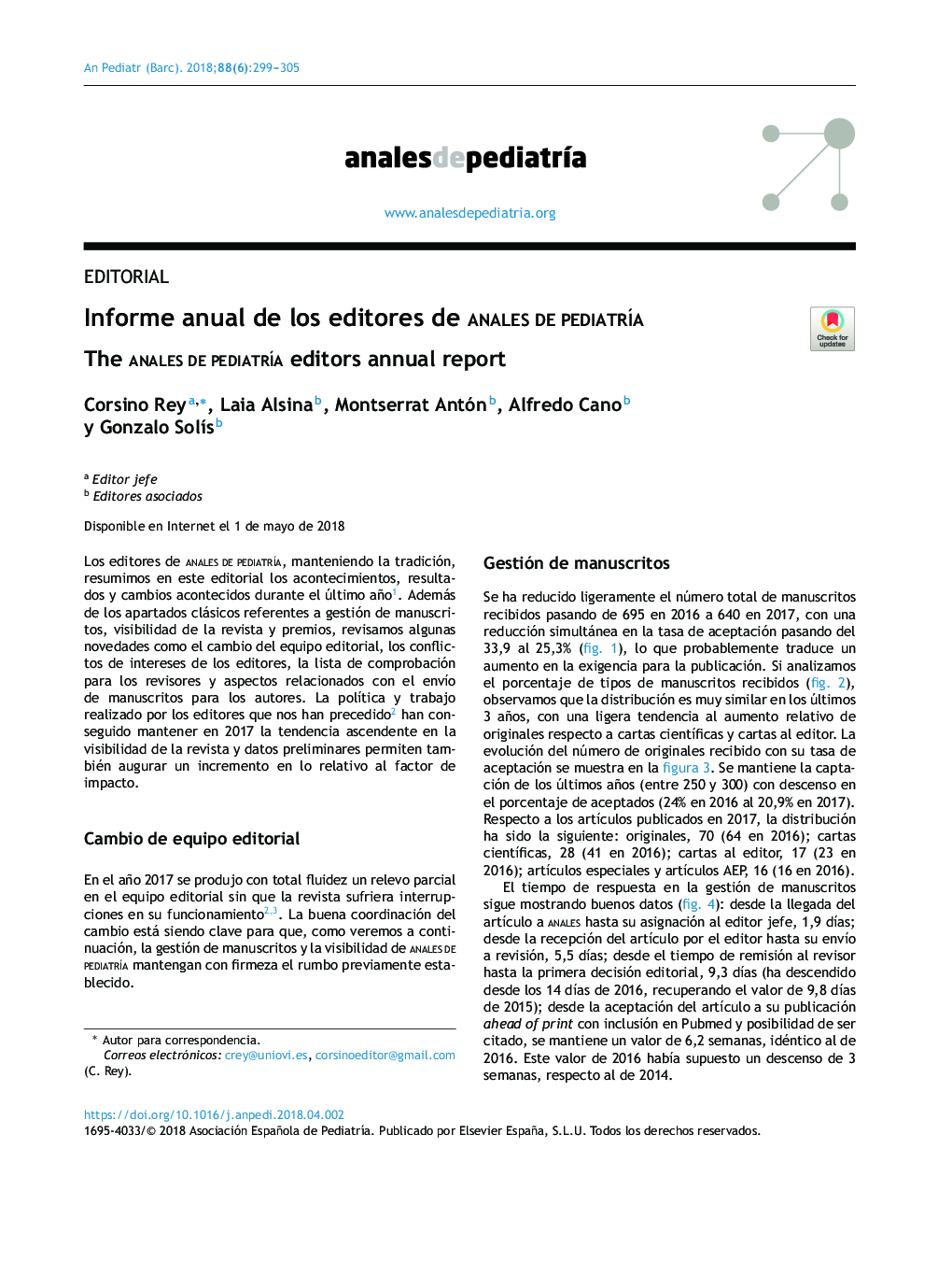 Informe anual de los editores de Anales de PediatrÃ­a