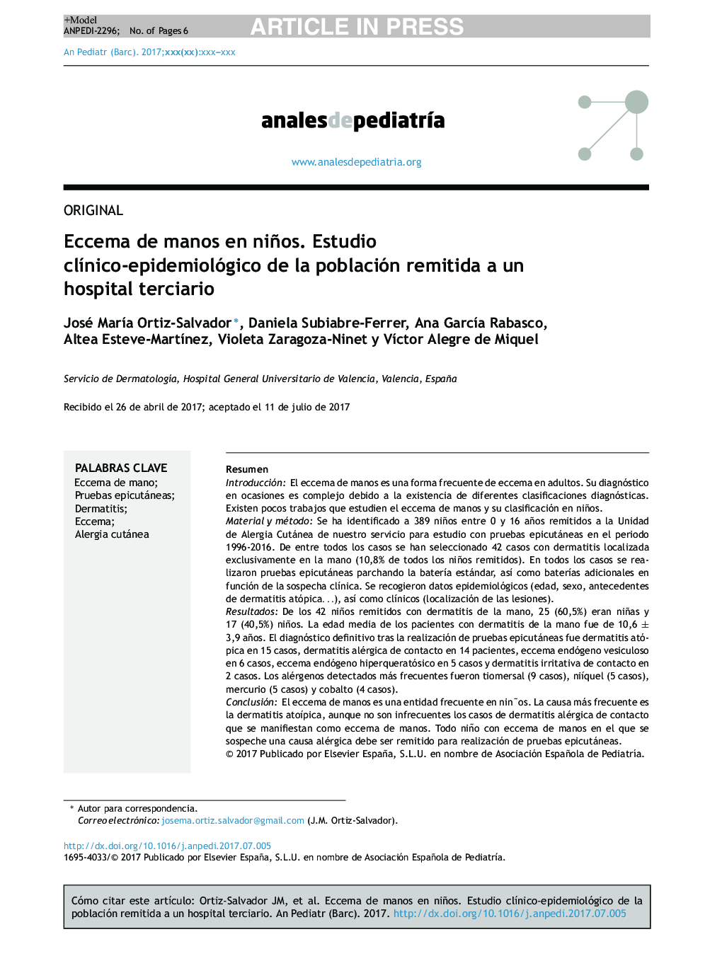 Eccema de manos en niños. Estudio clÃ­nico-epidemiológico de la población remitida a un hospital terciario