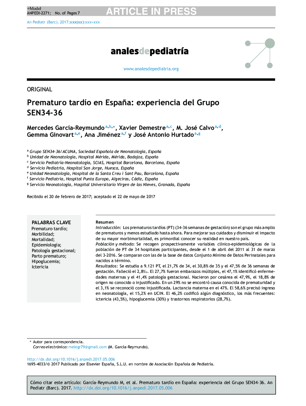 Prematuro tardÃ­o en España: experiencia del Grupo SEN34-36