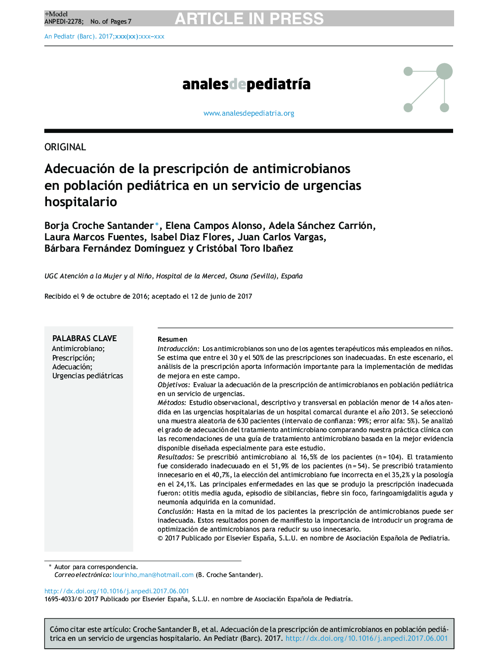 Adecuación de la prescripción de antimicrobianos en población pediátrica en un servicio de urgencias hospitalario