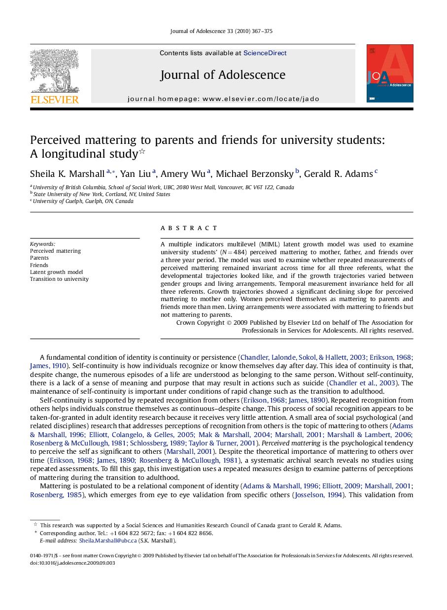 Perceived mattering to parents and friends for university students: A longitudinal study 