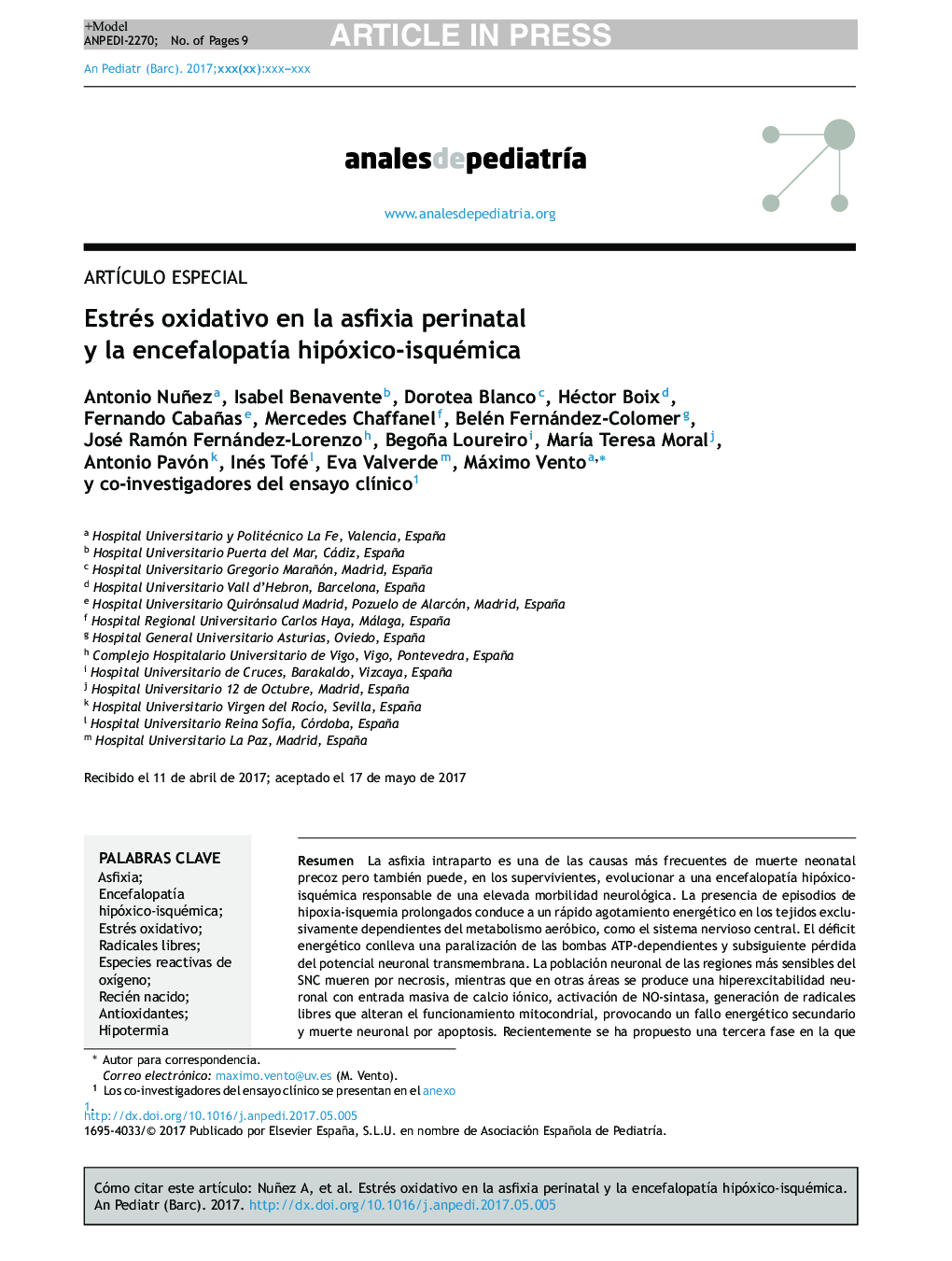 Estrés oxidativo en la asfixia perinatal y la encefalopatÃ­a hipóxico-isquémica