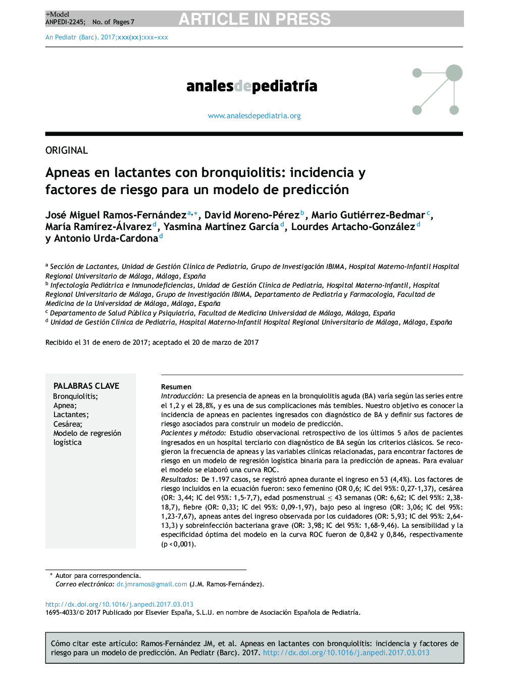 Apneas en lactantes con bronquiolitis: incidencia y factores de riesgo para un modelo de predicción
