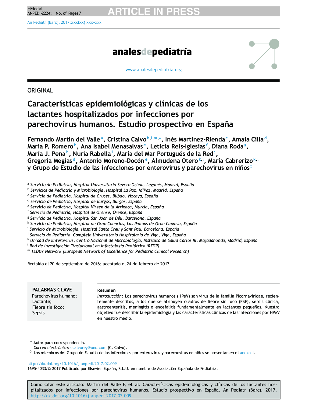 CaracterÃ­sticas epidemiológicas y clÃ­nicas de los lactantes hospitalizados por infecciones por parechovirus humanos. Estudio prospectivo en España