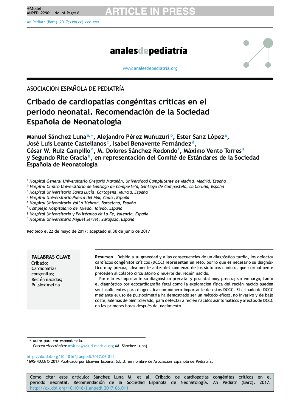 Cribado de cardiopatÃ­as congénitas crÃ­ticas en el periodo neonatal. Recomendación de la Sociedad Española de NeonatologÃ­a