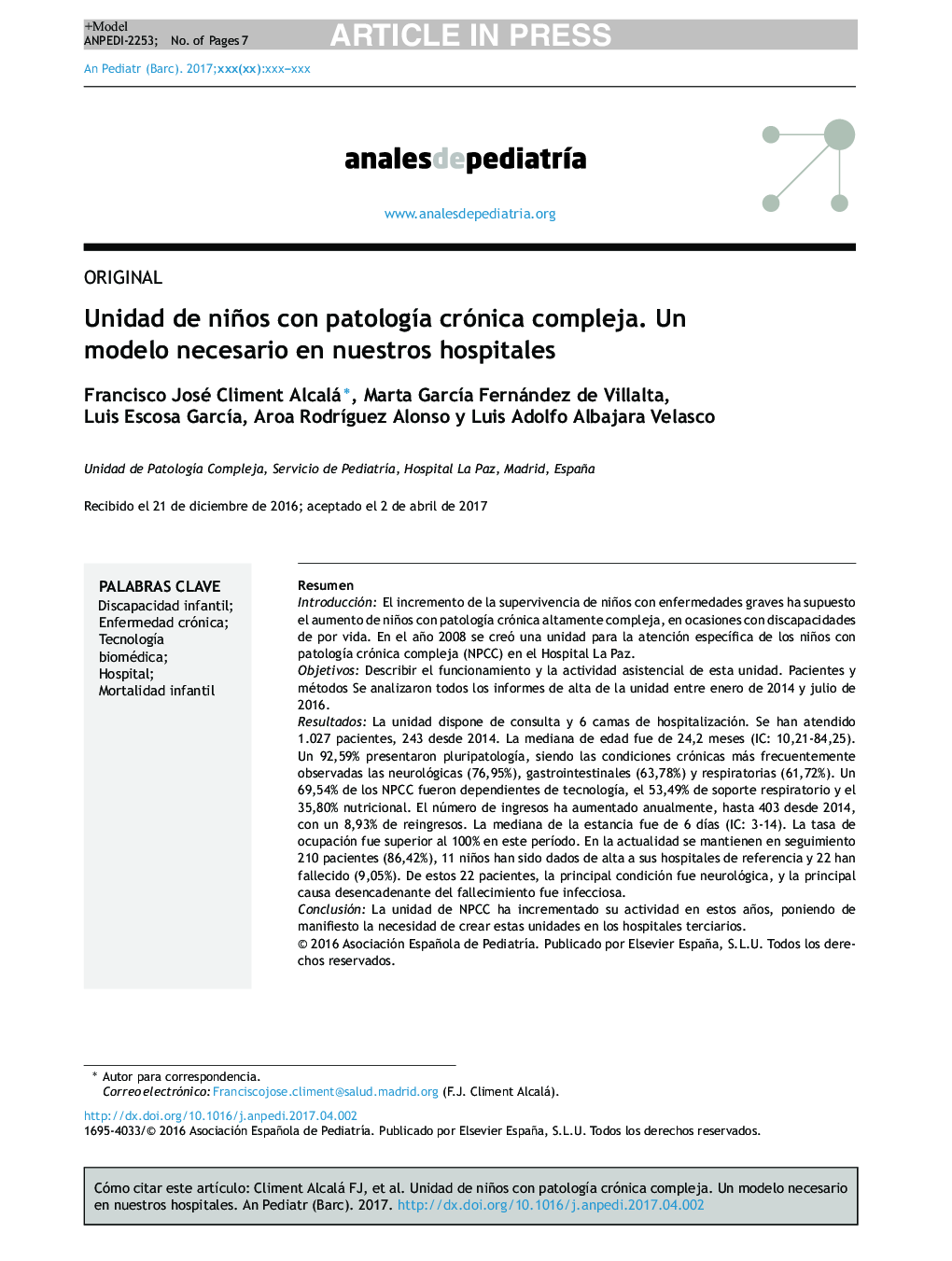 Unidad de niños con patologÃ­a crónica compleja. Un modelo necesario en nuestros hospitales