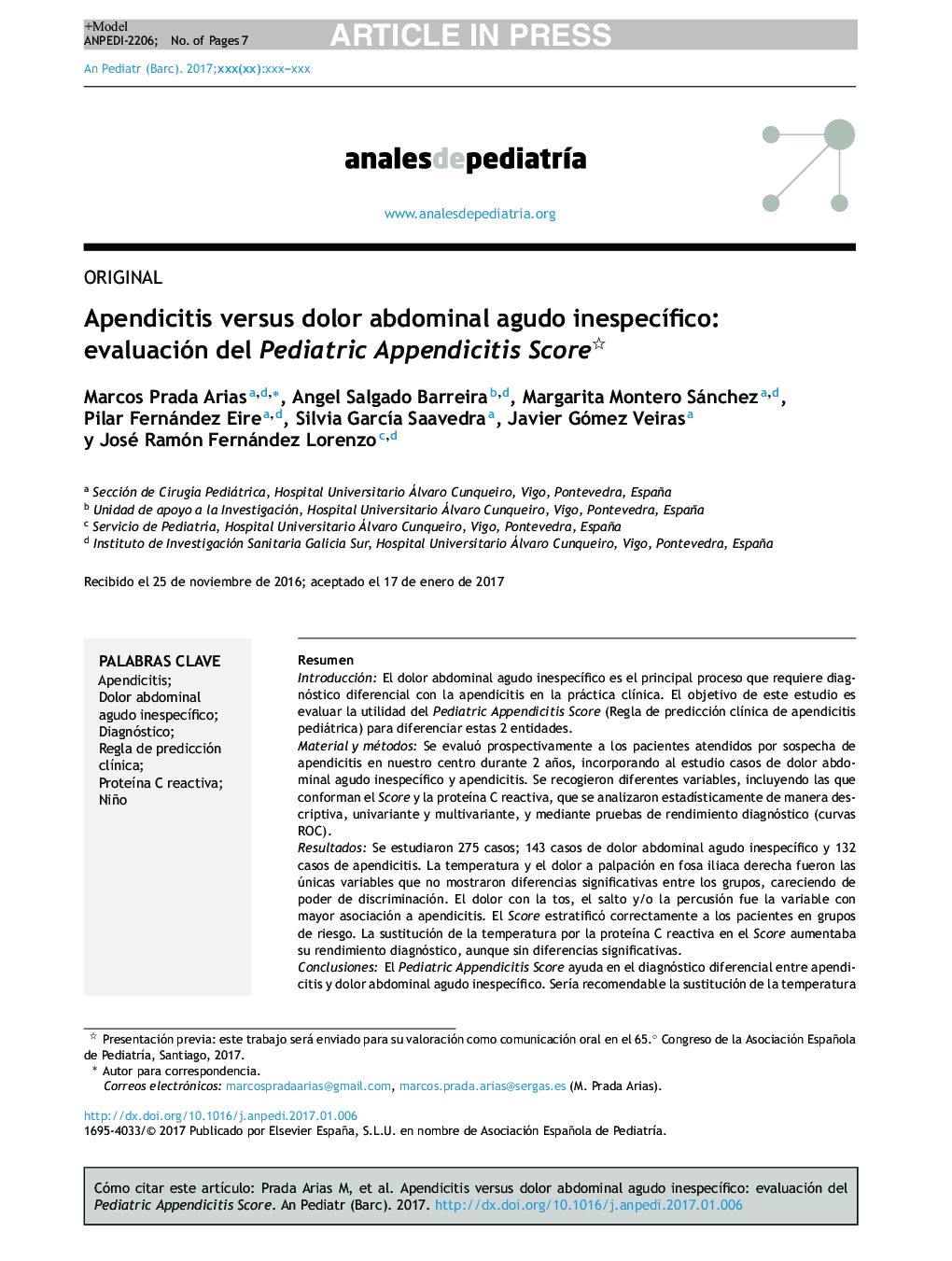 Apendicitis versus dolor abdominal agudo inespecÃ­fico: evaluación del Pediatric Appendicitis Score