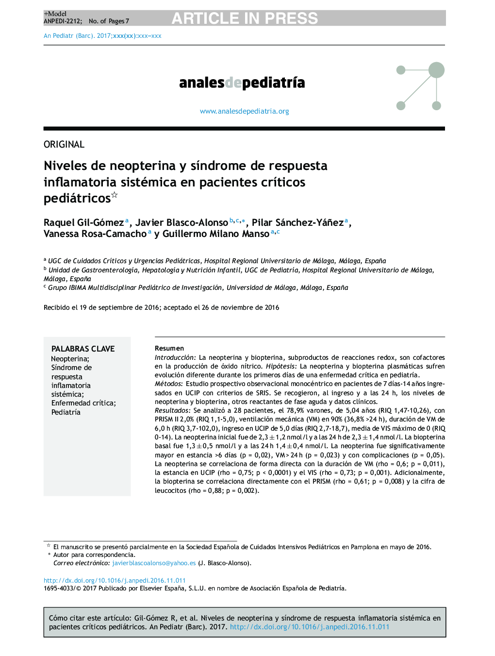 Niveles de neopterina y sÃ­ndrome de respuesta inflamatoria sistémica en pacientes crÃ­ticos pediátricos