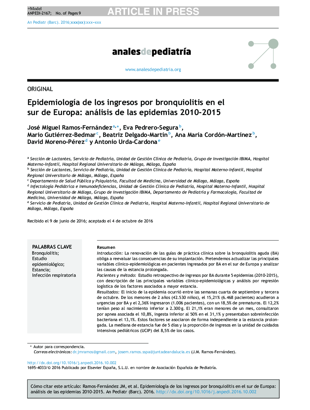 EpidemiologÃ­a de los ingresos por bronquiolitis en el sur de Europa: análisis de las epidemias 2010-2015