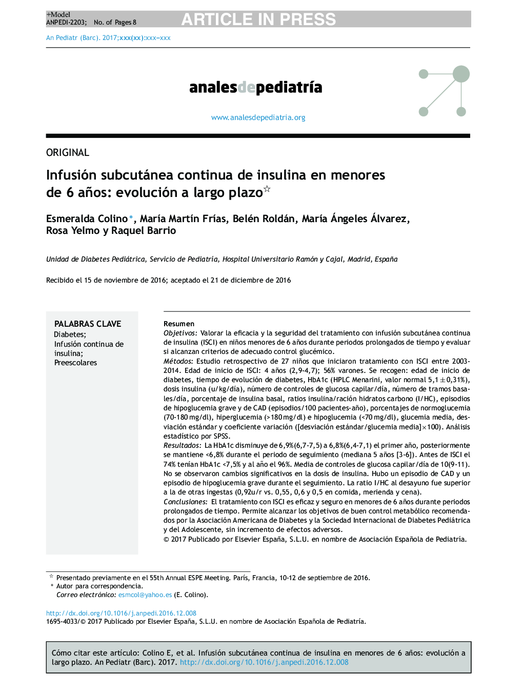 Infusión subcutánea continua de insulina en menores de 6 años: evolución a largo plazo