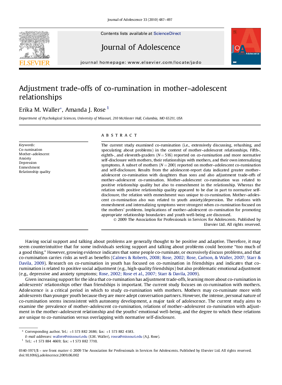 Adjustment trade-offs of co-rumination in mother–adolescent relationships