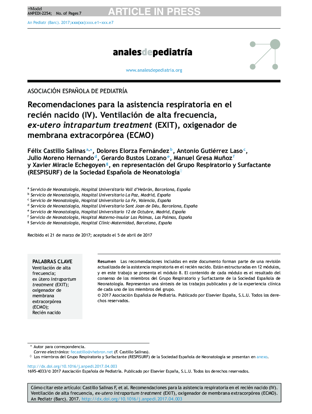 Recomendaciones para la asistencia respiratoria en el recién nacido (IV). Ventilación de alta frecuencia, ex-utero intrapartum treatment (EXIT), oxigenador de membrana extracorpórea (ECMO)