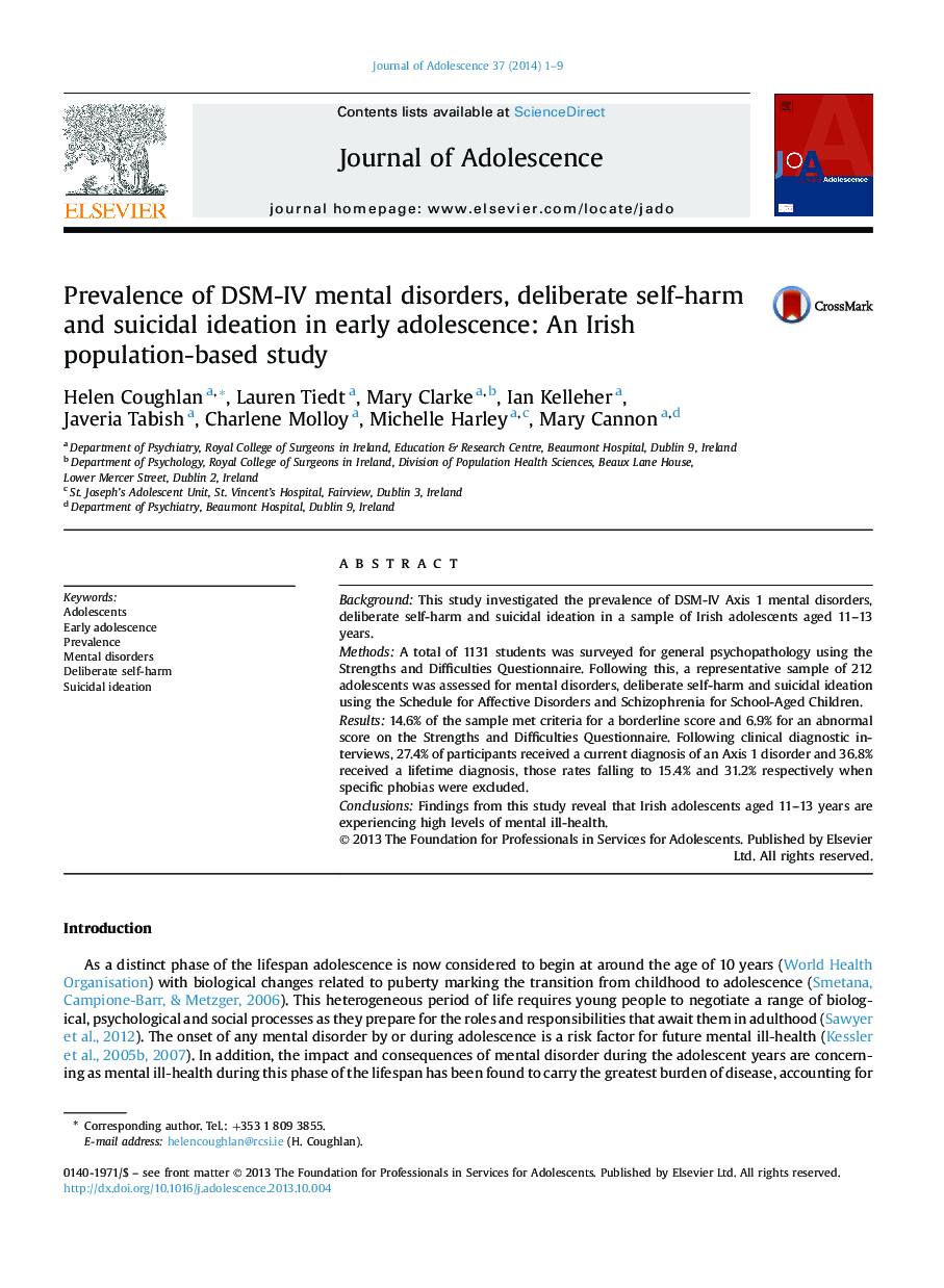 Prevalence of DSM-IV mental disorders, deliberate self-harm and suicidal ideation in early adolescence: An Irish population-based study