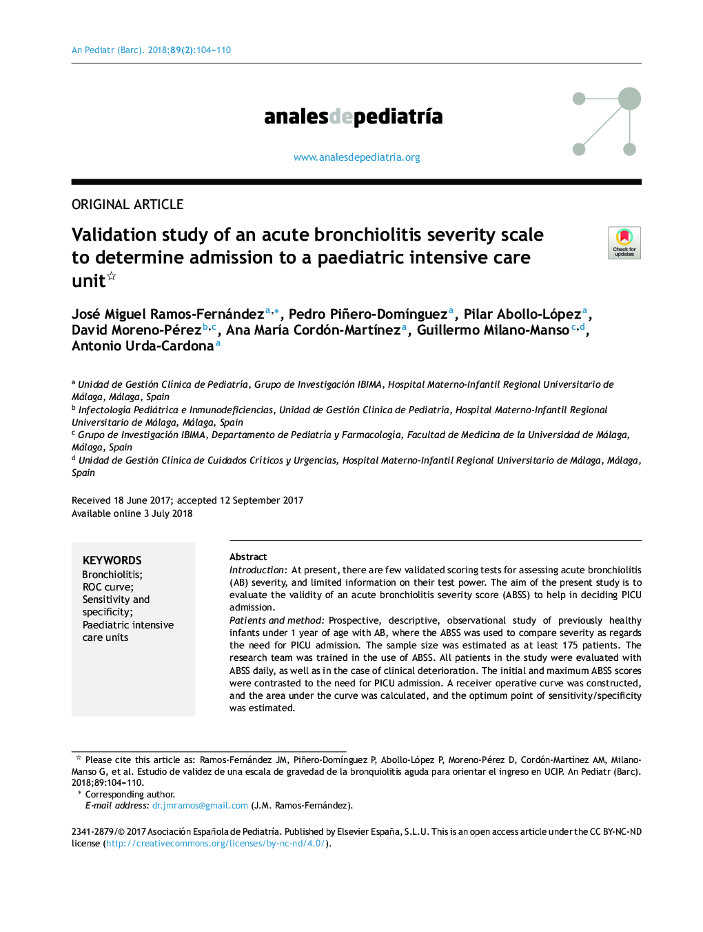 Validation study of an acute bronchiolitis severity scale to determine admission to a paediatric intensive care unit