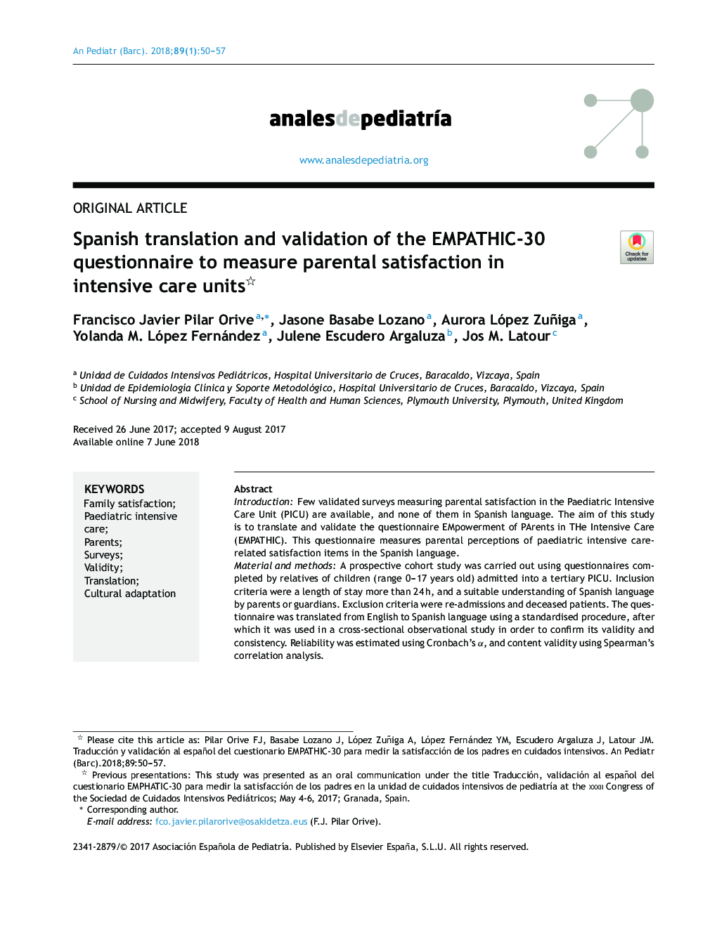 Spanish translation and validation of the EMPATHIC-30 questionnaire to measure parental satisfaction in intensive care units