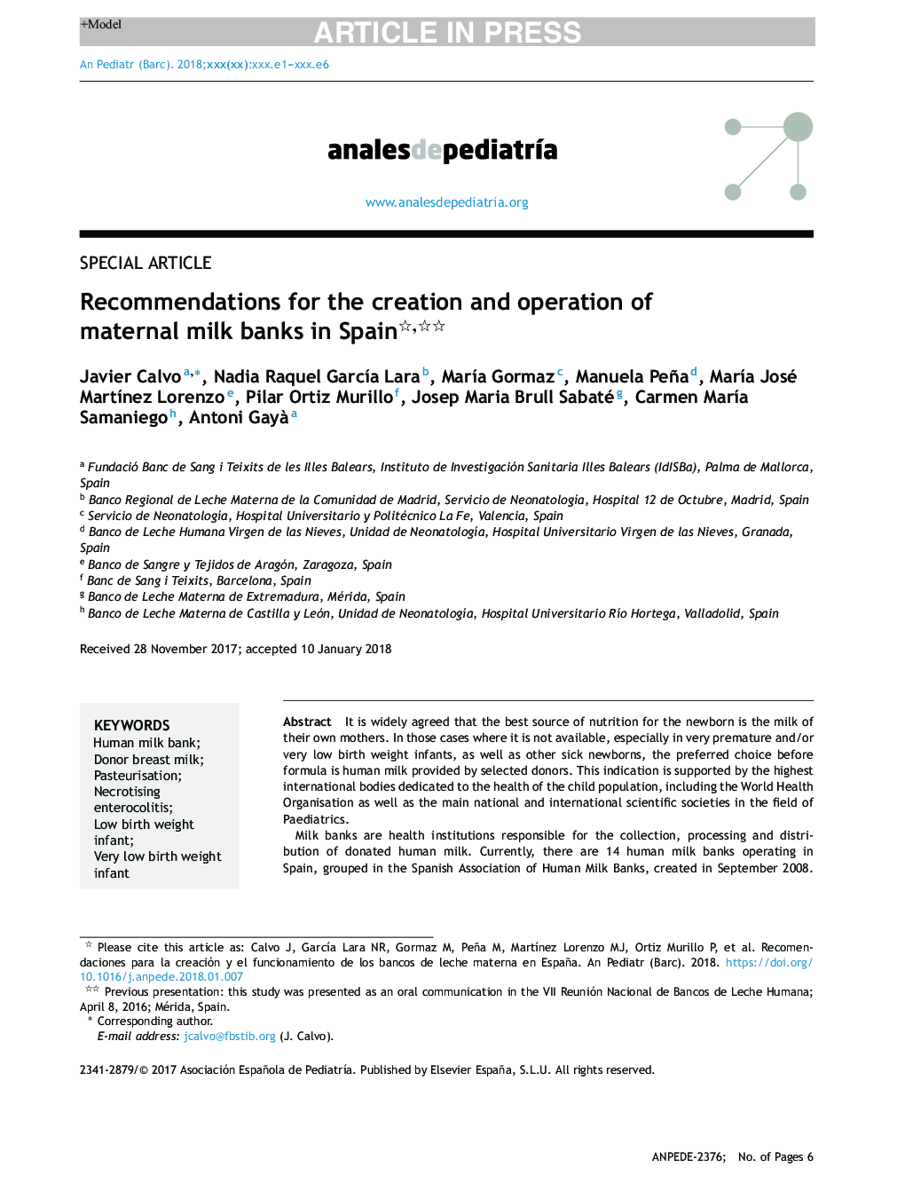Recommendations for the creation and operation of maternal milk banks in Spain