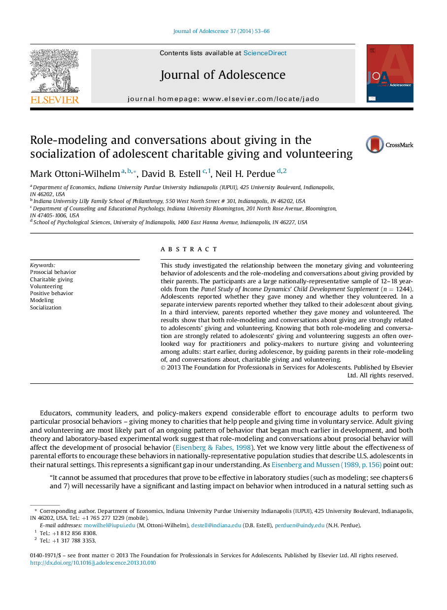 Role-modeling and conversations about giving in the socialization of adolescent charitable giving and volunteering