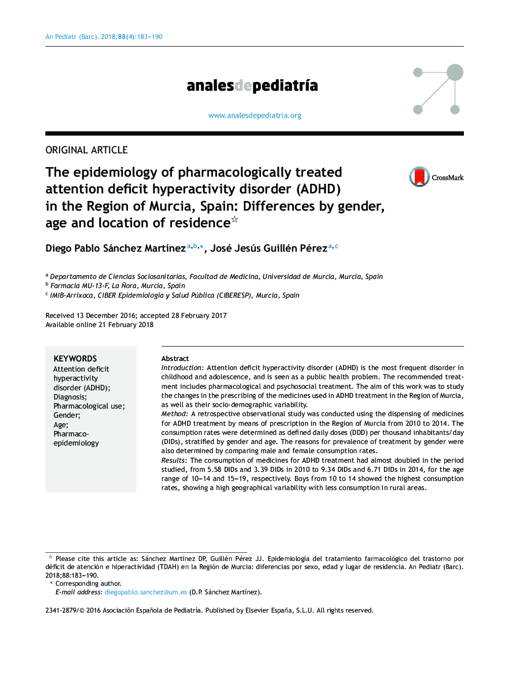 The epidemiology of pharmacologically treated attention deficit hyperactivity disorder (ADHD) in the Region of Murcia, Spain: Differences by gender, age and location of residence