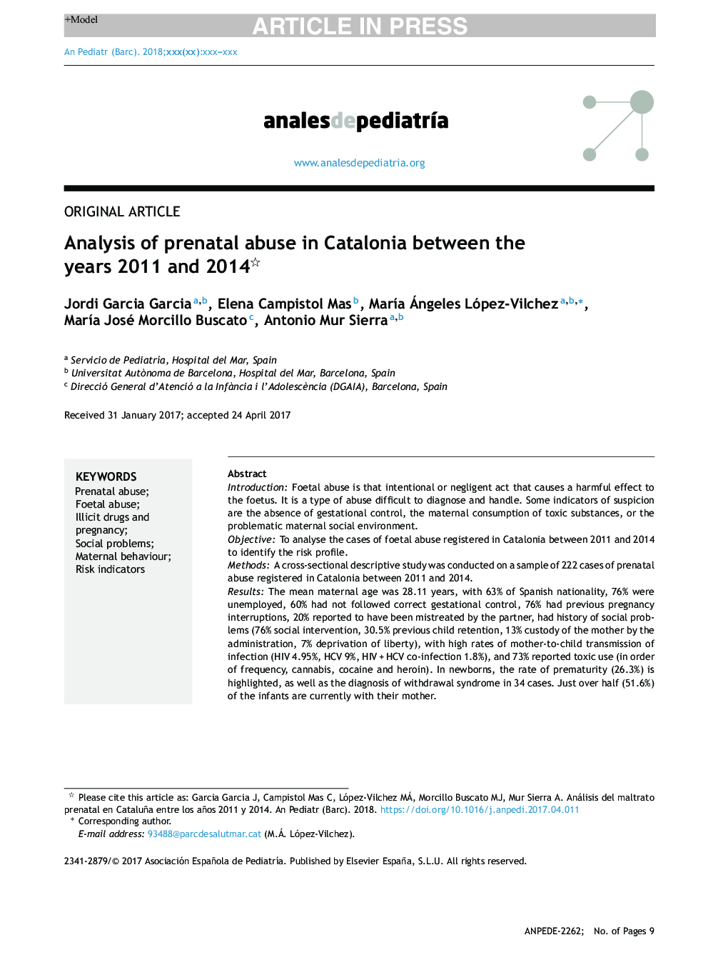 تجزیه و تحلیل سوء استفاده قبل از تولد در کاتالونیا بین سال های 2011 و 2014 
