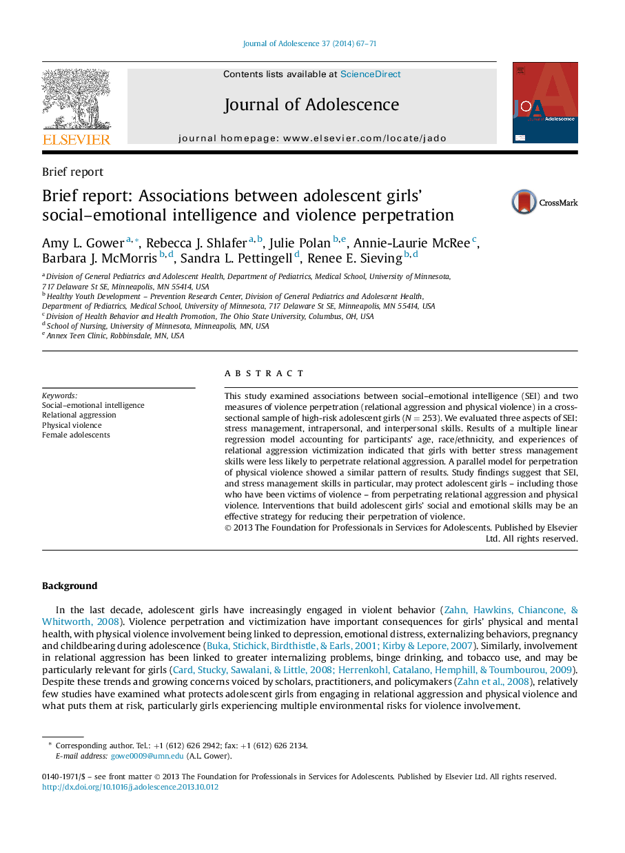 Brief report: Associations between adolescent girls' social–emotional intelligence and violence perpetration