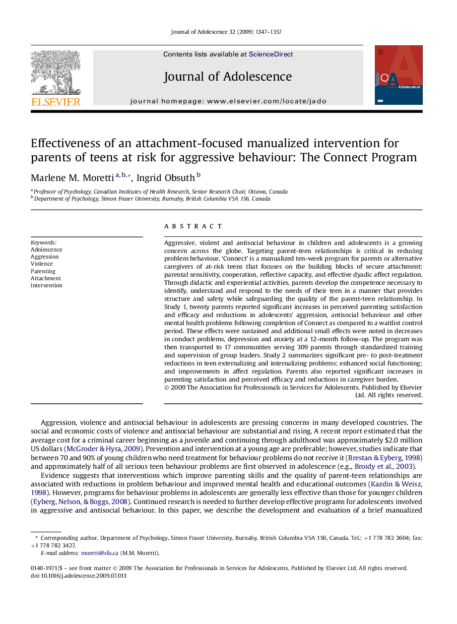 Effectiveness of an attachment-focused manualized intervention for parents of teens at risk for aggressive behaviour: The Connect Program