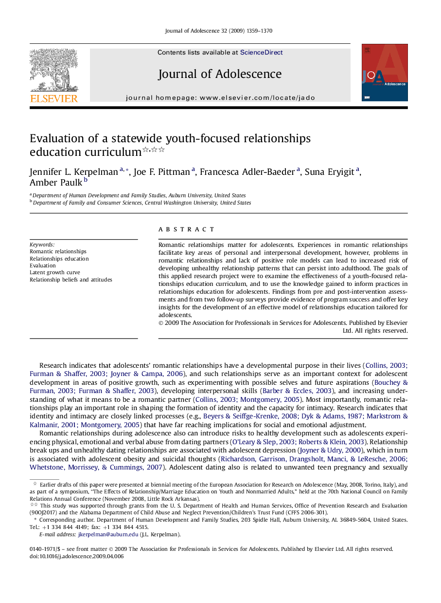 Evaluation of a statewide youth-focused relationships education curriculum 