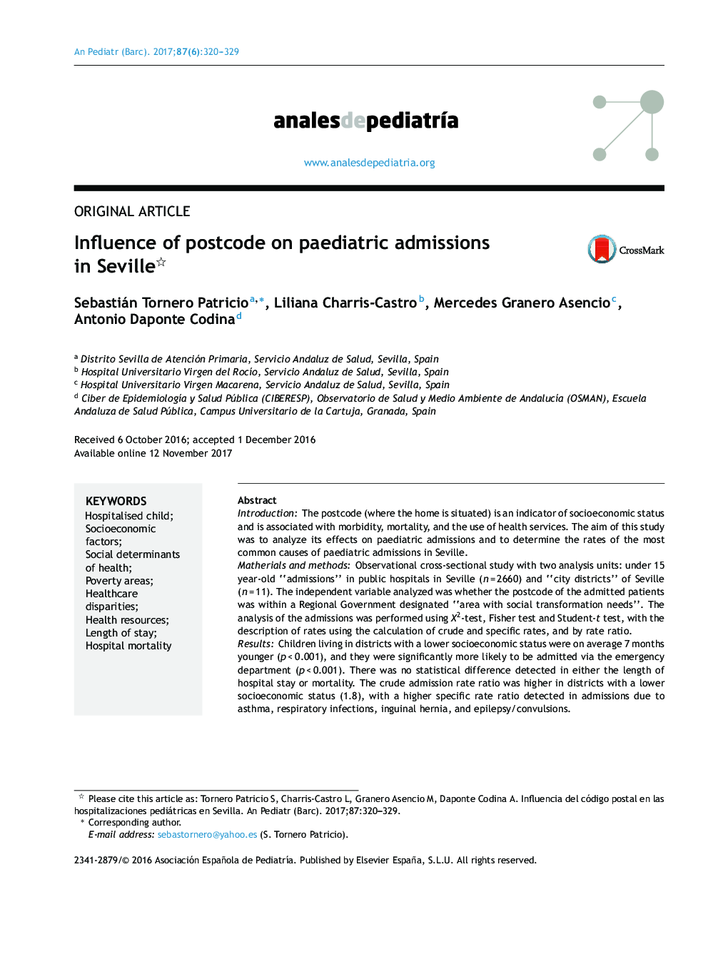 Influence of postcode on paediatric admissions in Seville