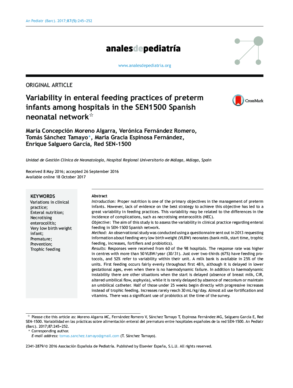 Variability in enteral feeding practices of preterm infants among hospitals in the SEN1500 Spanish neonatal network