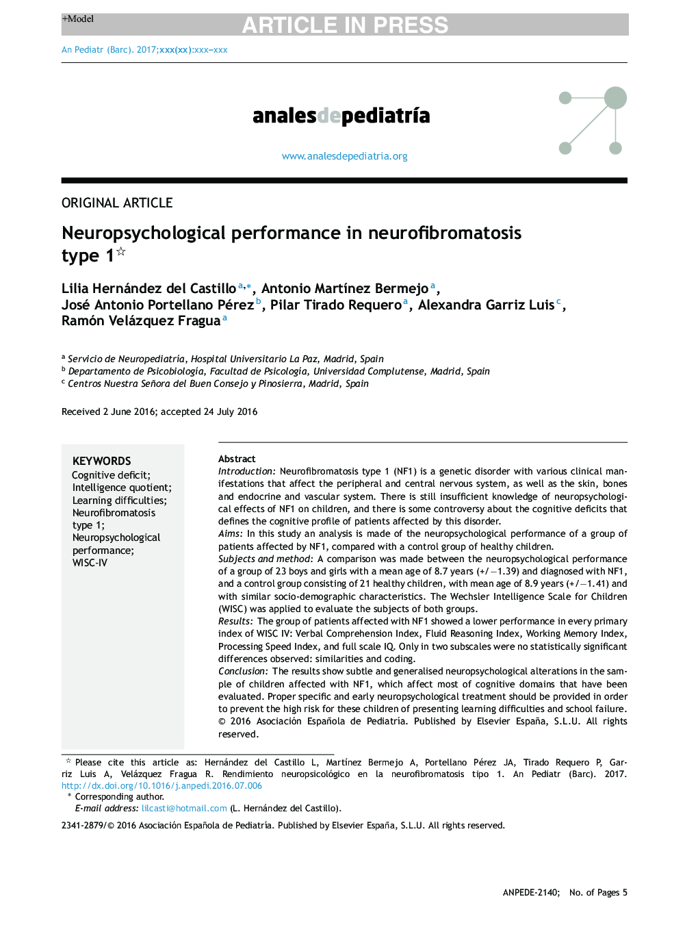 Neuropsychological performance in neurofibromatosis type 1