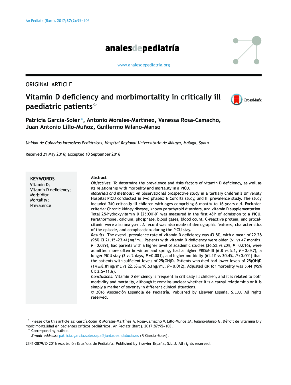 Vitamin D deficiency and morbimortality in critically ill paediatric patients