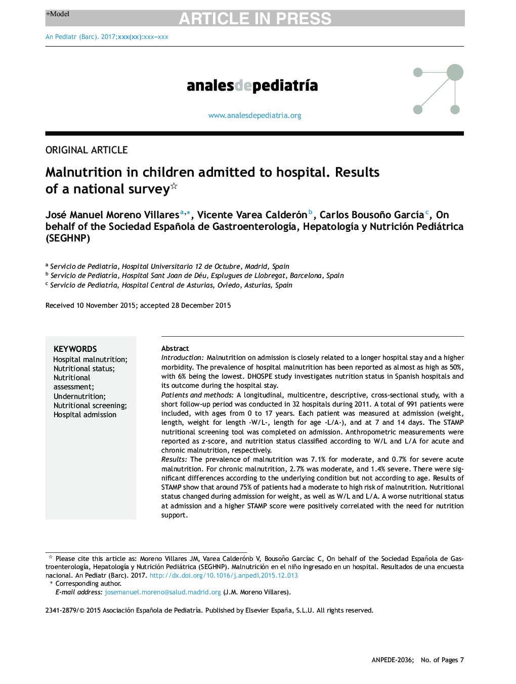 سوء تغذیه در کودکان بستری شده در بیمارستان نتایج یک نظرسنجی ملی 