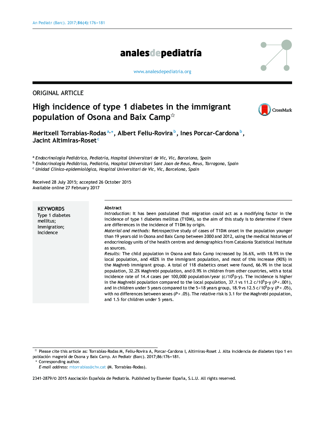 High incidence of type 1 diabetes in the immigrant population of Osona and Baix Camp