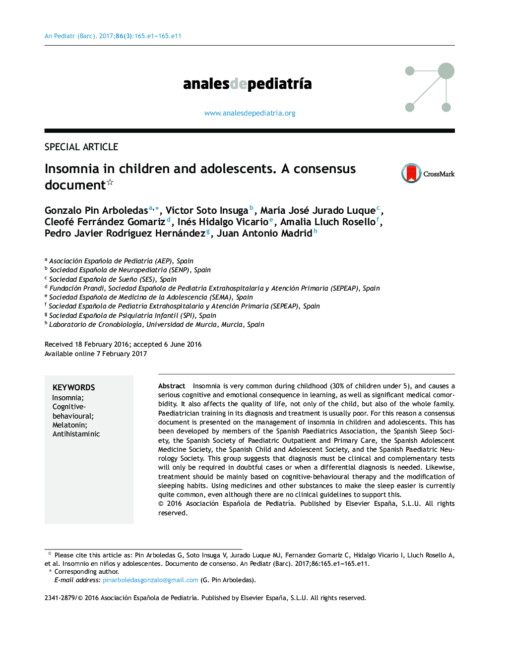 Insomnia in children and adolescents. A consensus document