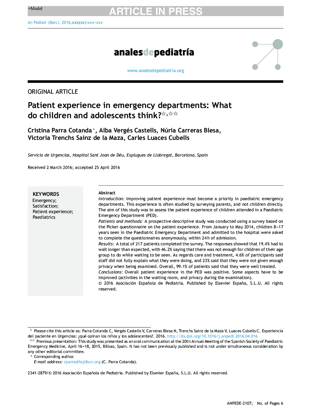 Patient experience in emergency departments: What do children and adolescents think?