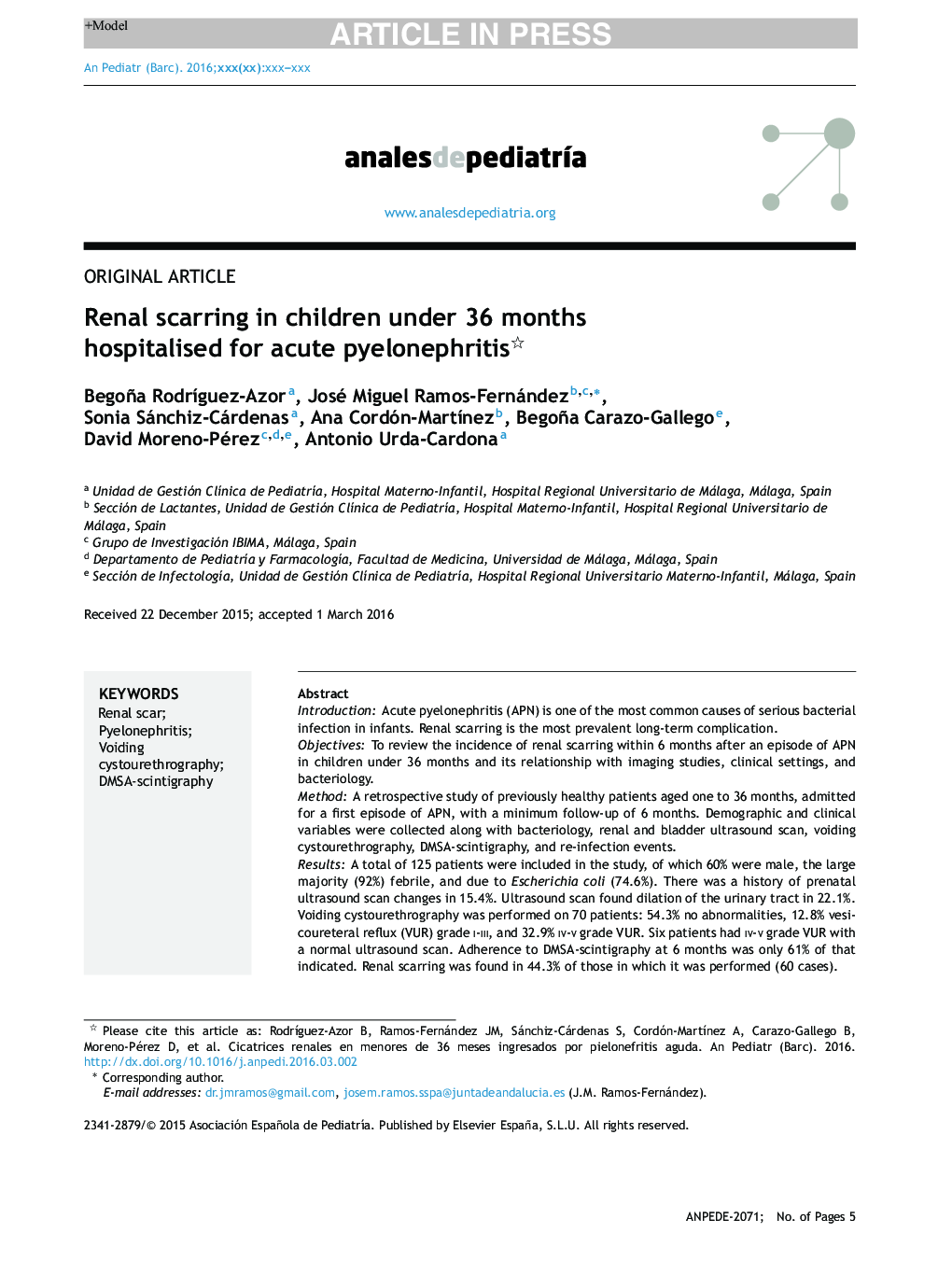 Renal scarring in children under 36 months hospitalised for acute pyelonephritis