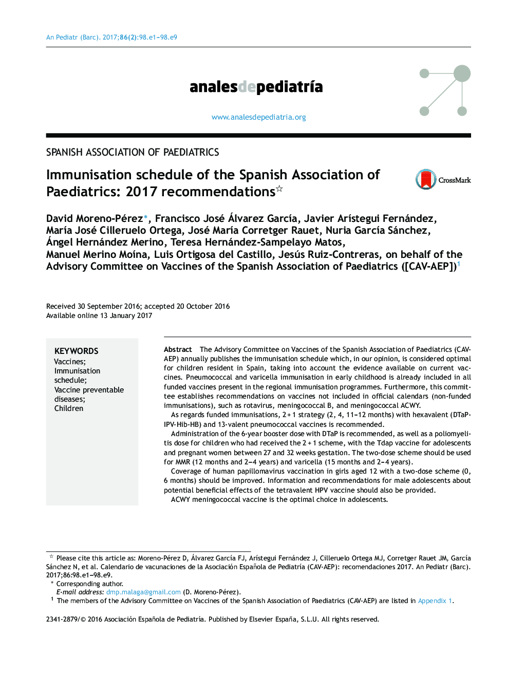 Immunisation schedule of the Spanish Association of Paediatrics: 2017 recommendations