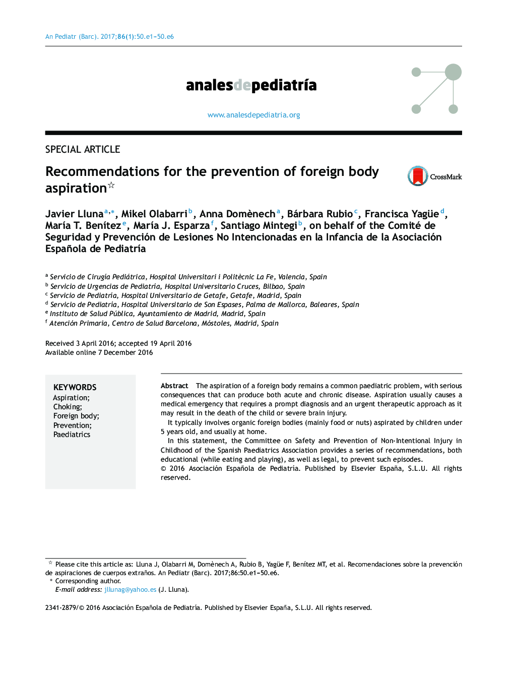 Recommendations for the prevention of foreign body aspiration