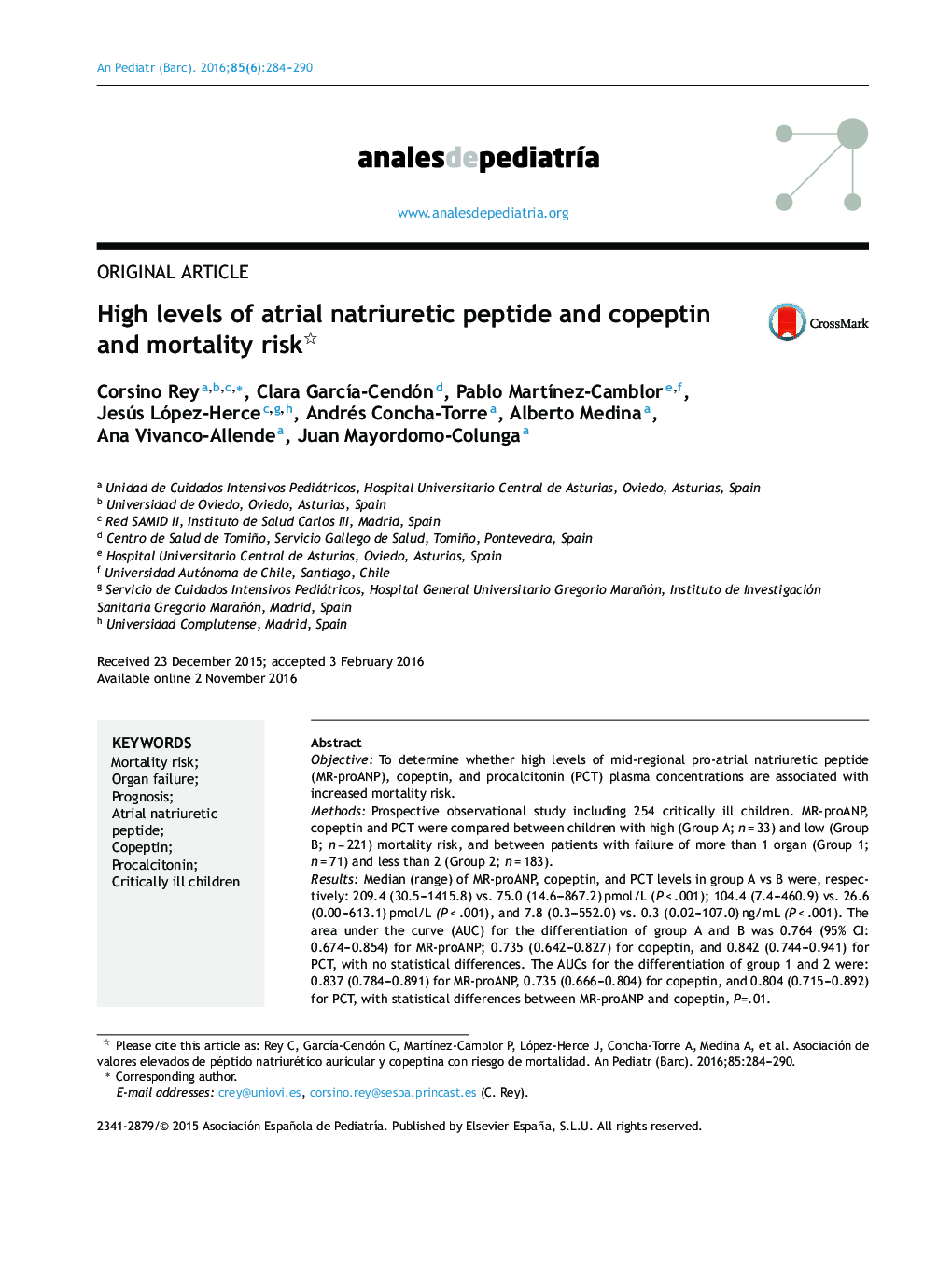 High levels of atrial natriuretic peptide and copeptin and mortality risk