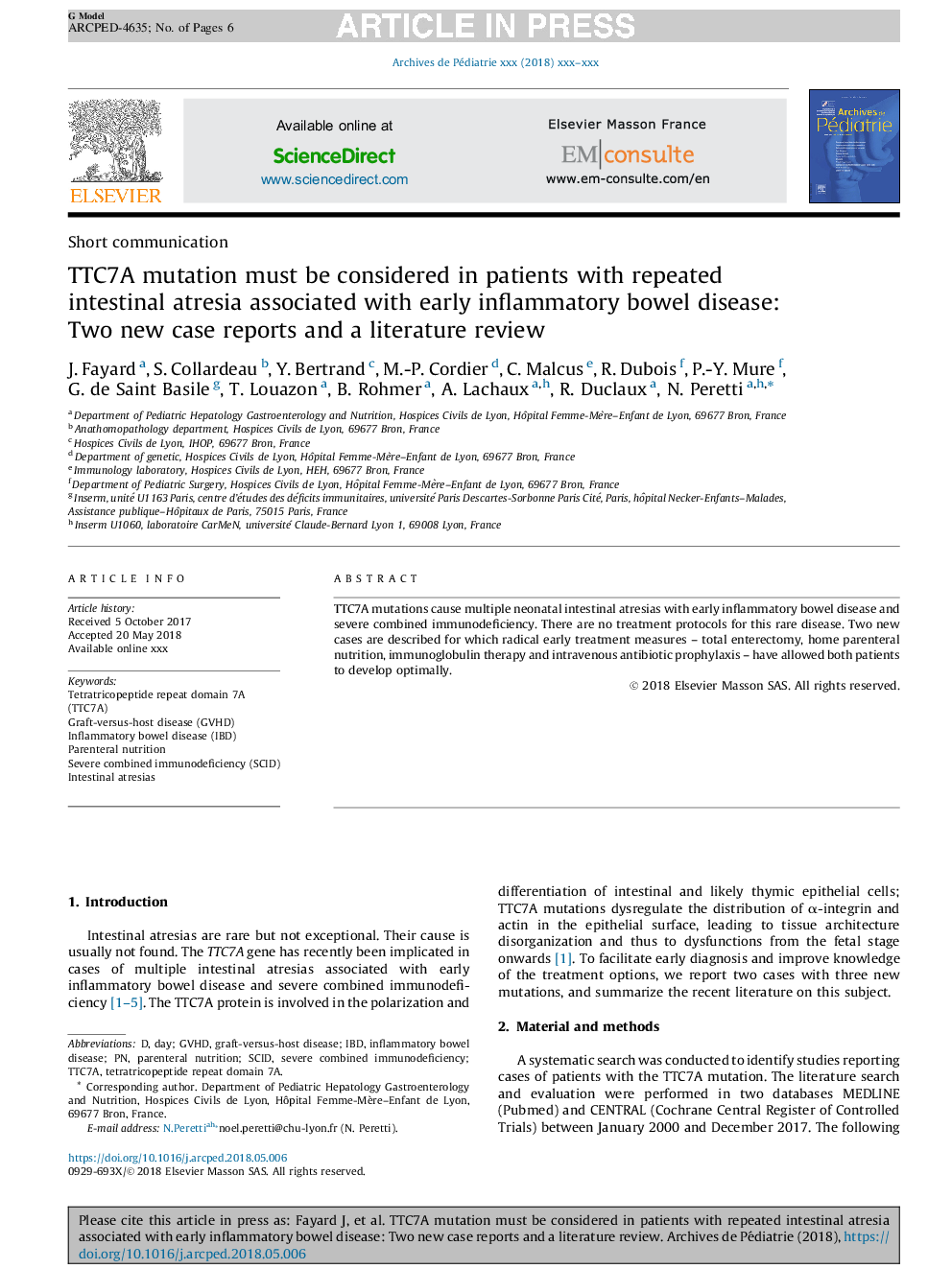 TTC7A mutation must be considered in patients with repeated intestinal atresia associated with early inflammatory bowel disease: Two new case reports and a literature review