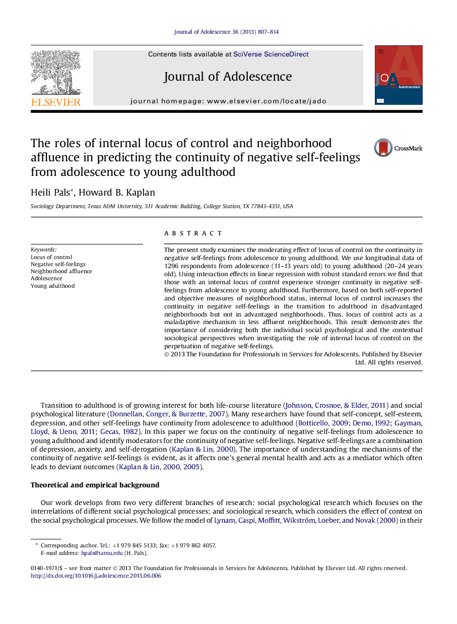 The roles of internal locus of control and neighborhood affluence in predicting the continuity of negative self-feelings from adolescence to young adulthood