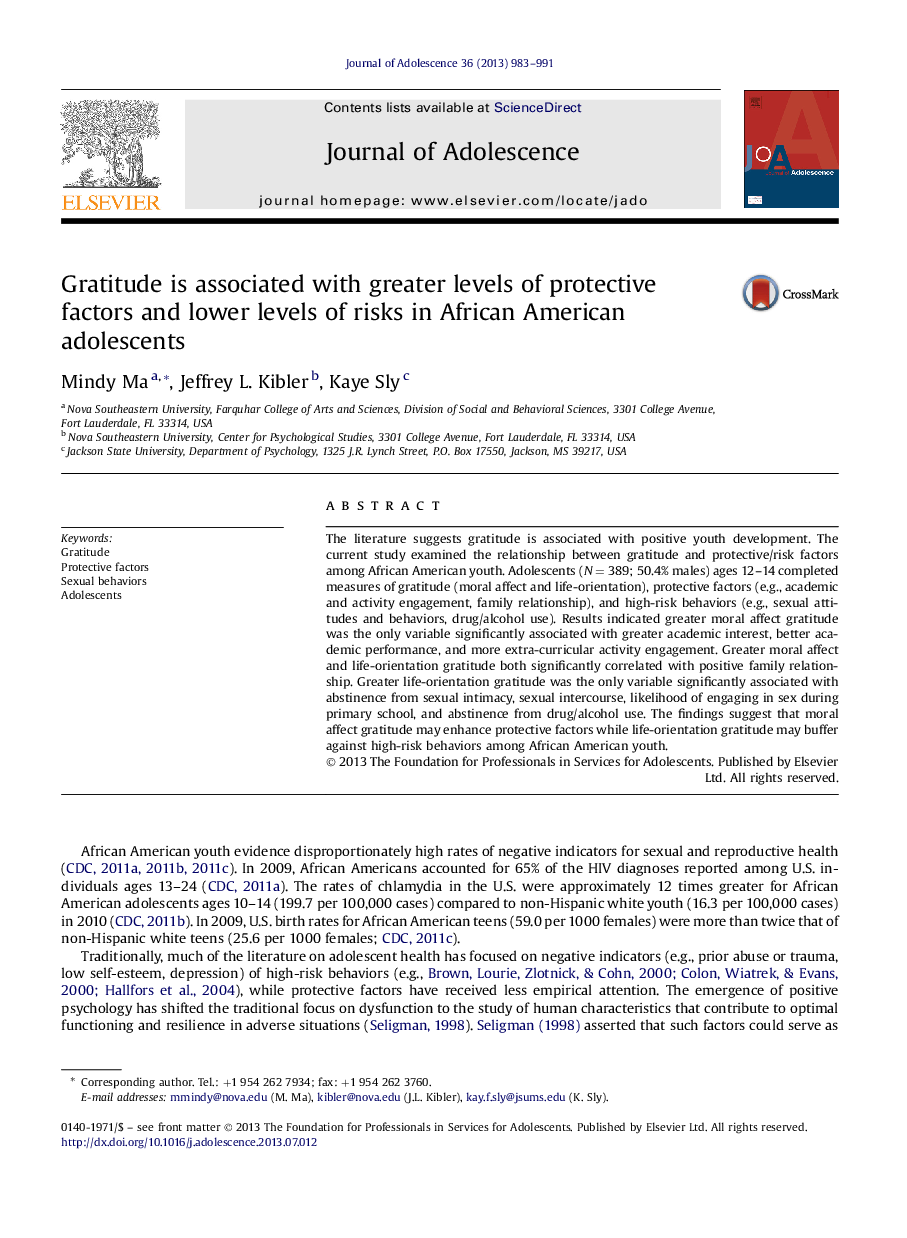 Gratitude is associated with greater levels of protective factors and lower levels of risks in African American adolescents