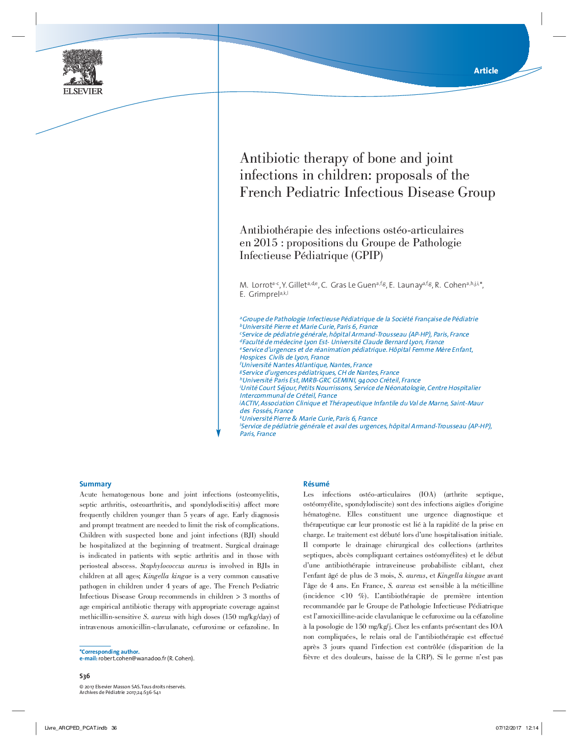 Antibiotic therapy of bone and joint infections in children: proposals of the French Pediatric Infectious Disease Group