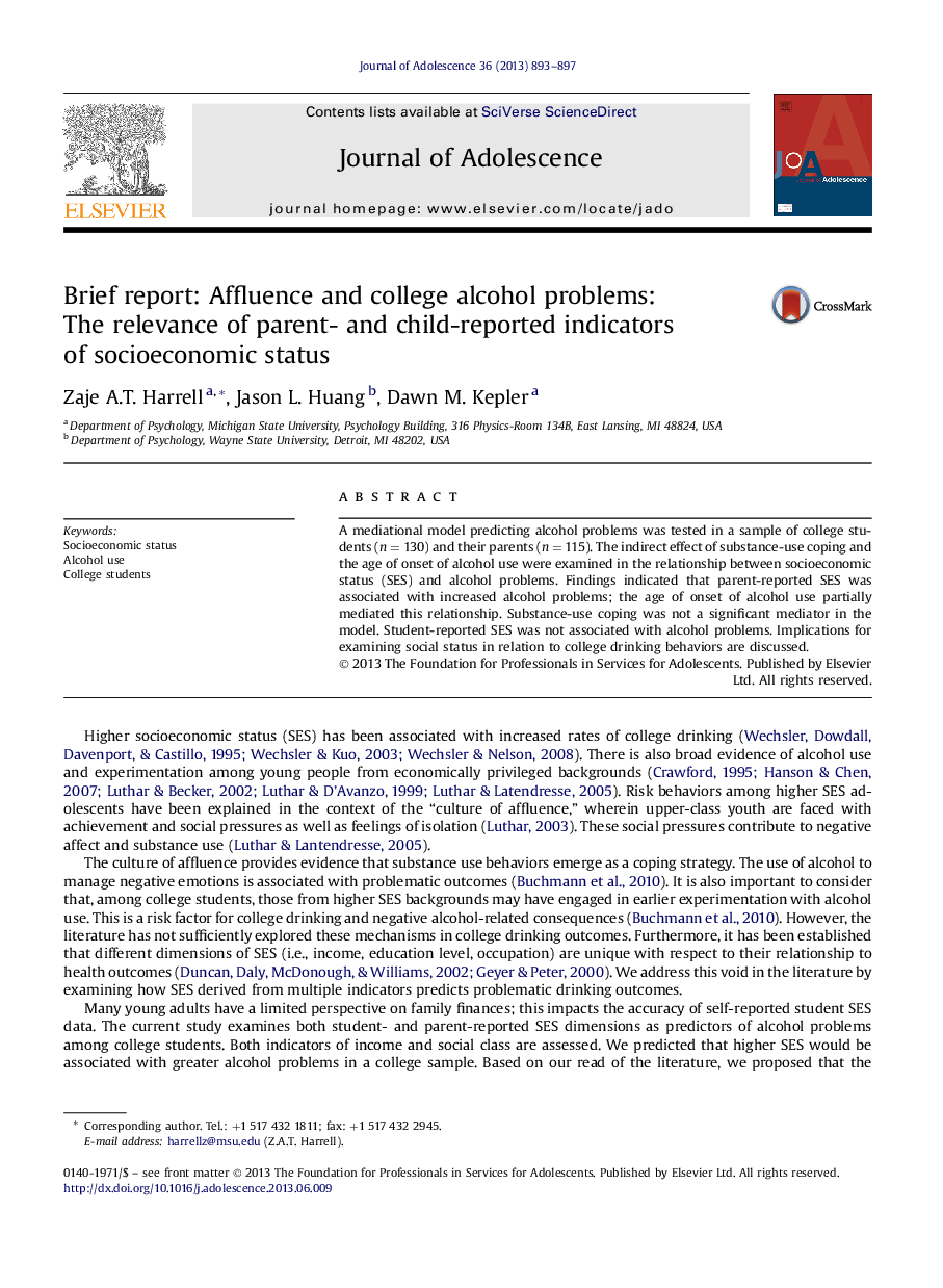 Brief report: Affluence and college alcohol problems: The relevance of parent- and child-reported indicators of socioeconomic status